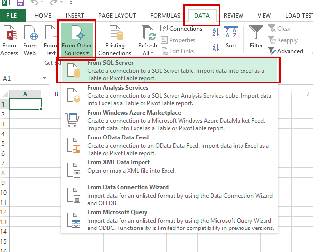 How to select from SQL in excel